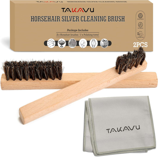 TAKAVU Horsehair Detail Brush Set, Silver Cleaning Brushes & Polish Cloth for Silverware Plateware Jewelry