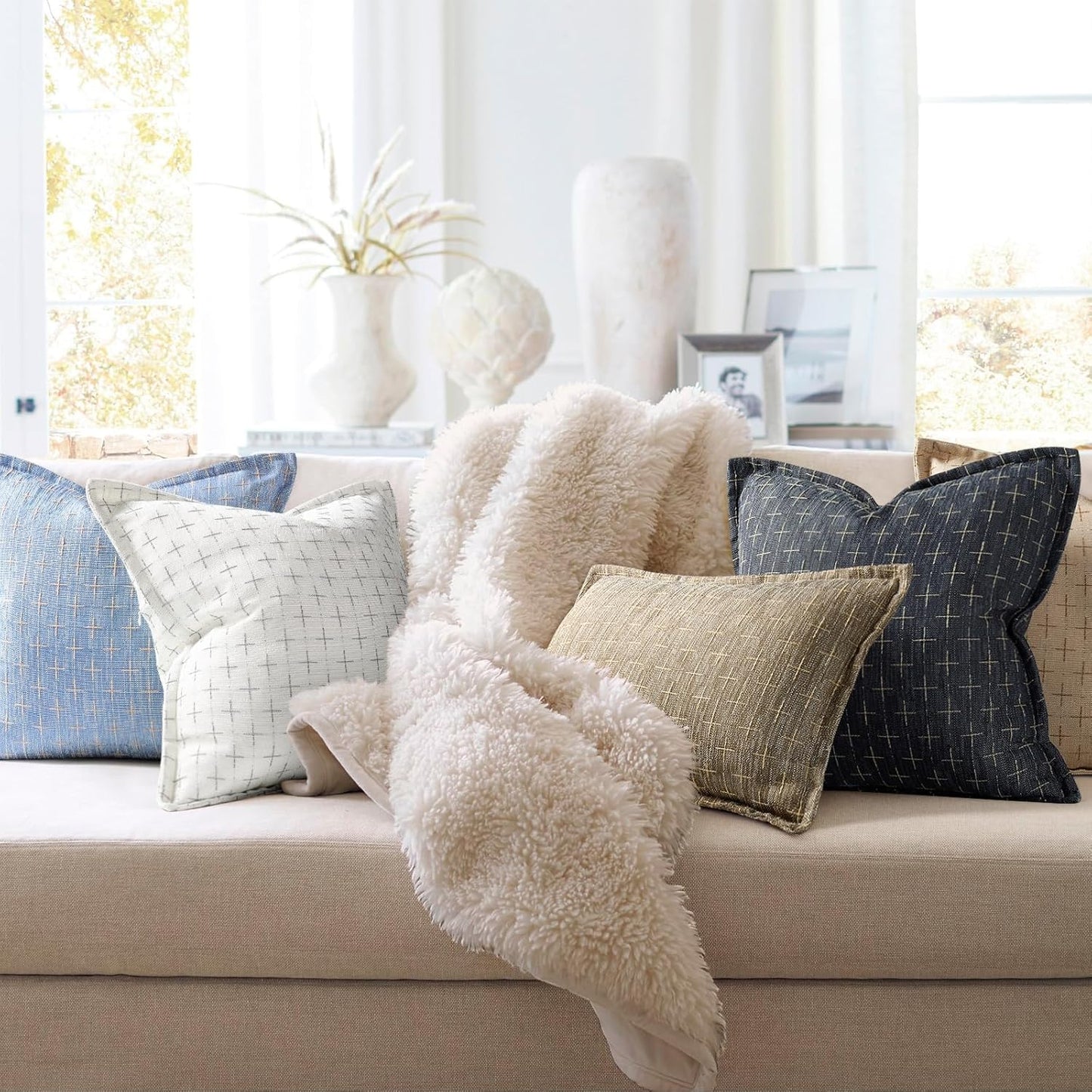 ZWJD Pillow Covers 16x16 Set of 2 Soft Polyester Textured Pillow Covers with Stylish Flange Edge Cozy Farmhouse Throw Pillows for Couch Bed Sofa Living Room