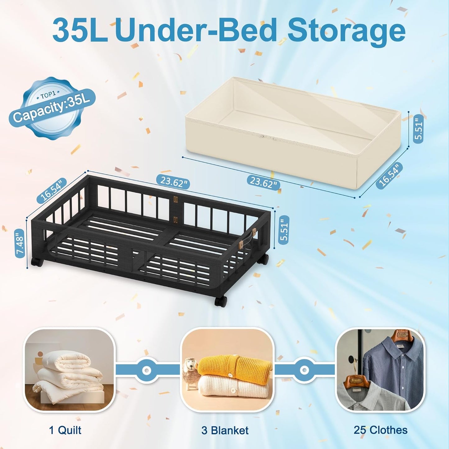 efluky 2-Pack Bamboo Under Bed Storage Containers with Wheels, Under Bed Clothes Storage Basket with Large Dust Bag, Rolling UnderBed Storage for Bedroom, Dorm and Basement, Black