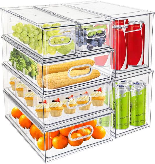 MineSign 7 pack Stackable Refrigerator Organizer Bins Pull-Out Drawers for Fruit and Veggies Storage Organizer for Fridge Clear Drawer Containers with Handle Divided Organization for Produce Saver