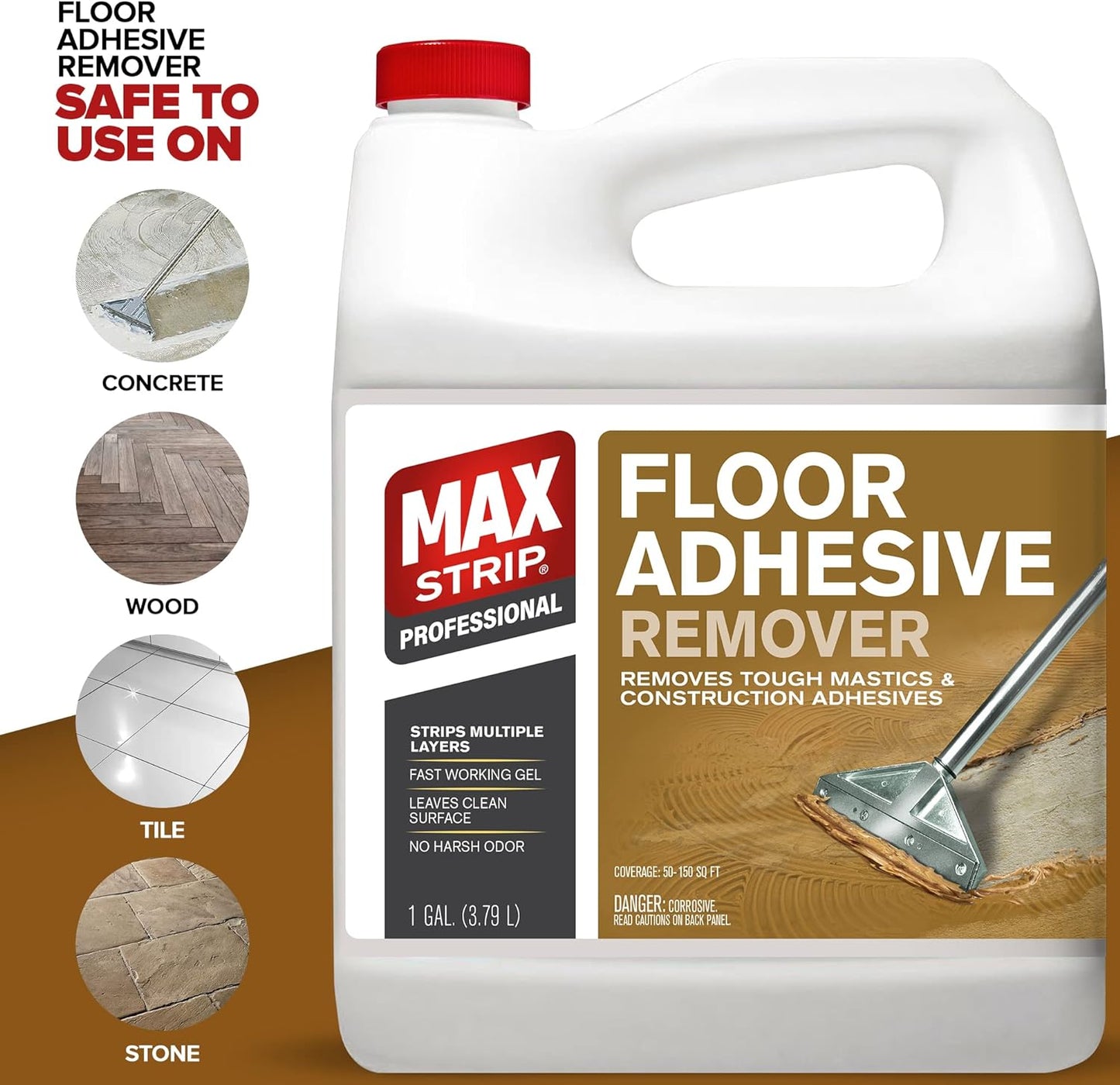 Max Strip Floor Adhesive Remover - 1 Gallon - Professional Fast Working Gel Strips Multiple Layers - Removes Tough Mastics and Construction Adhesives - No Harsh Odor Leaves Surface Clean