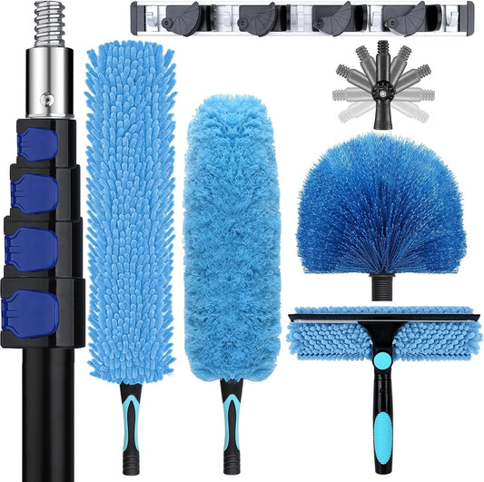 25ft High Ceiling Duster Kits with 5-18ft Heavy Duty Extension Pole - Fan Blade Cleaner, Cobweb Remover & Blue Window Squeegee Kit, Washable Dust Brush for High Roof and Glass Surfaces
