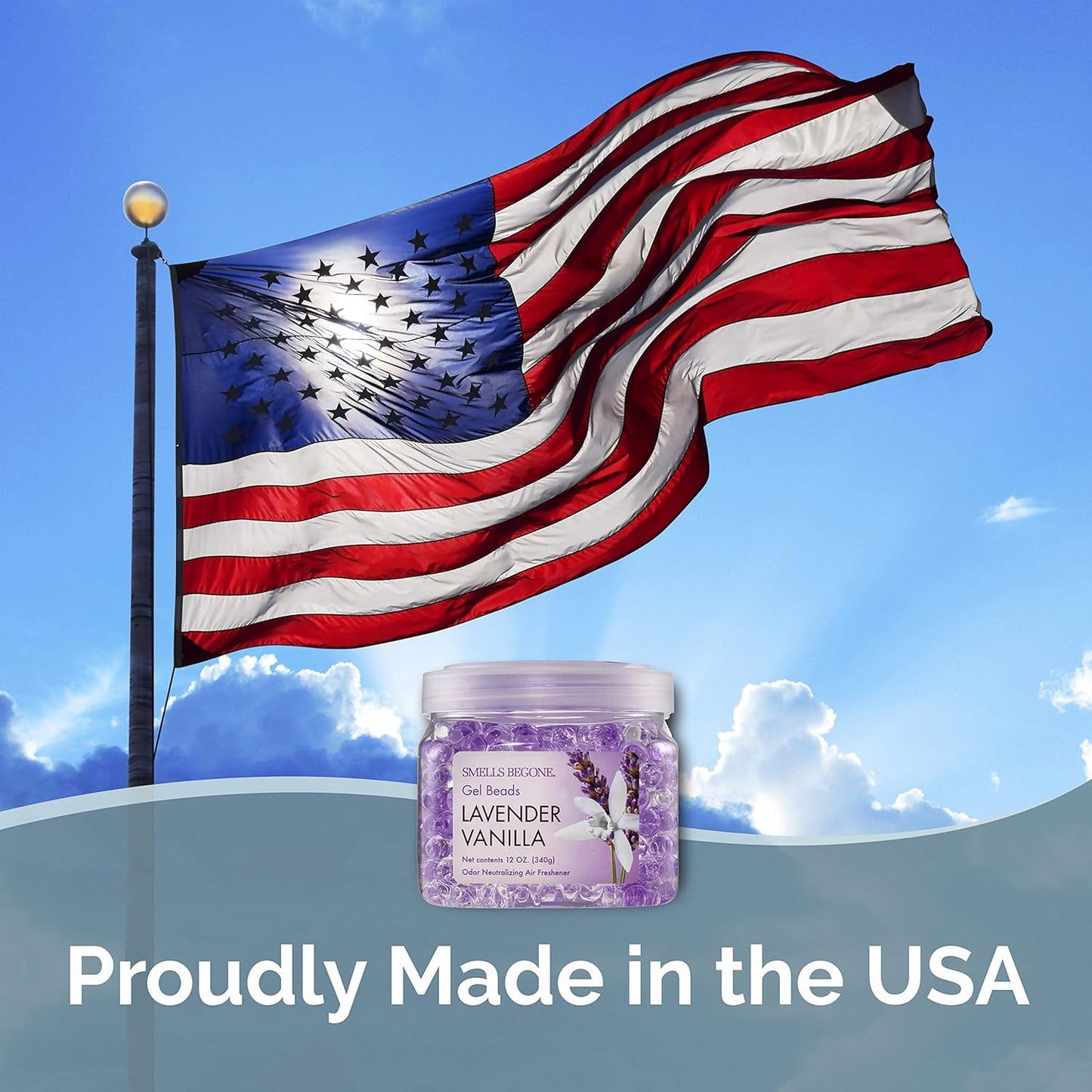 SMELLS BEGONE Odor Eliminator Gel Beads - Air Freshener - Eliminates Odor in Bathrooms, Cars, Boats, RVs & Pet Areas - Made with Essential Oils - Lavender Vanilla Scent - 12 Ounce