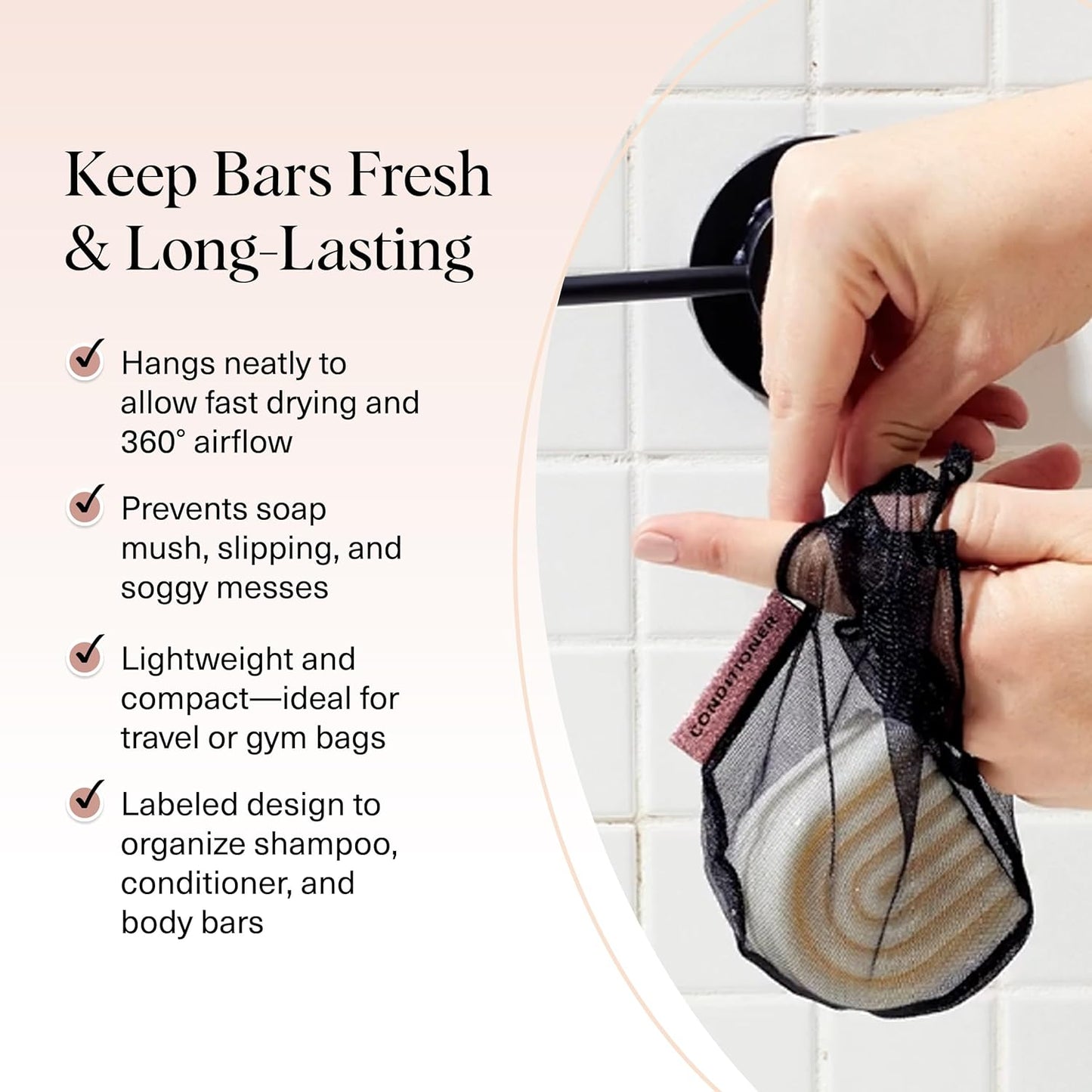 Kitsch Bar Soap Saver Bag – Patented Mesh Bag Soap Holder for Shampoo and Conditioner Bars - Extends Use & Prevents Soggy Mess - Recycled Mesh Beauty Pouch, Eco-Friendly – Black