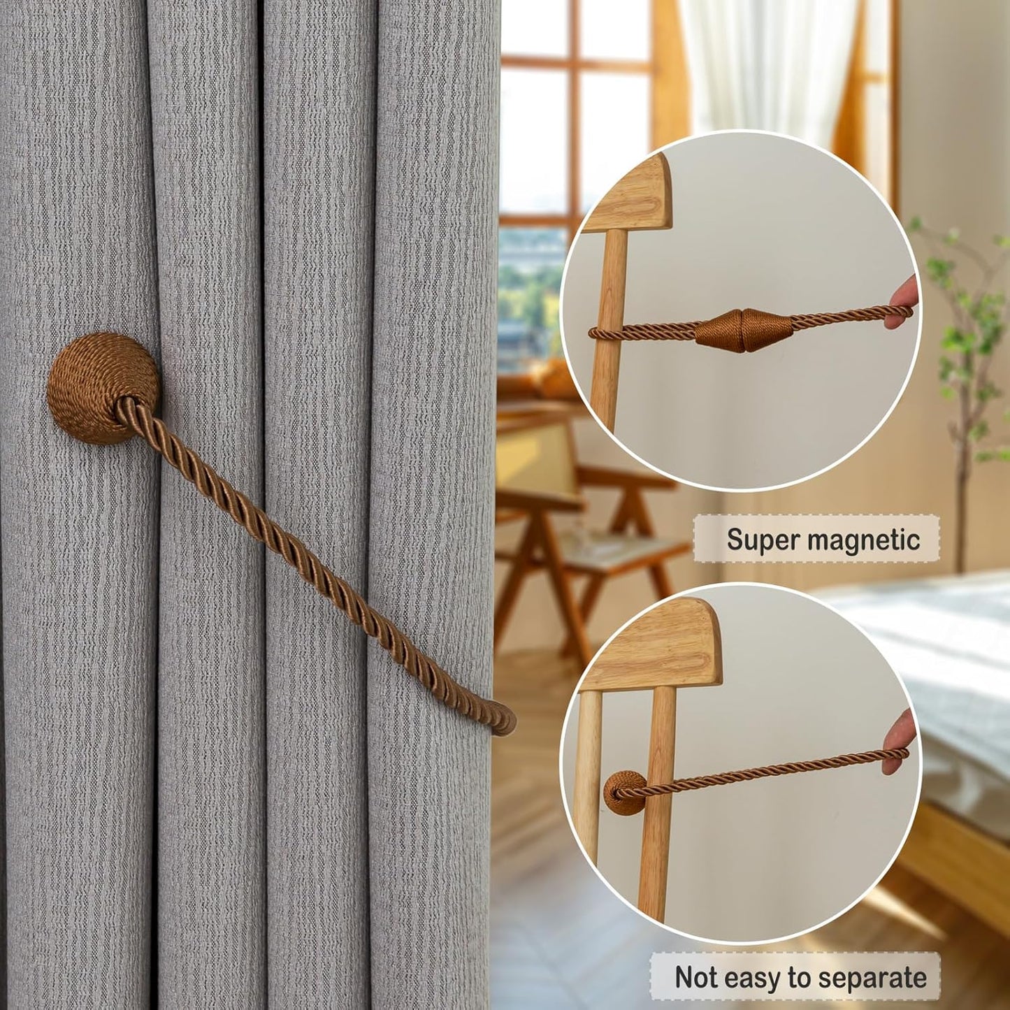 Magnetic Curtain Tiebacks 2 Pack Outdoor Rope Curtain Tie Backs Decorative Window Treatment Holdbacks for Home Decorative Curtain, Khaki