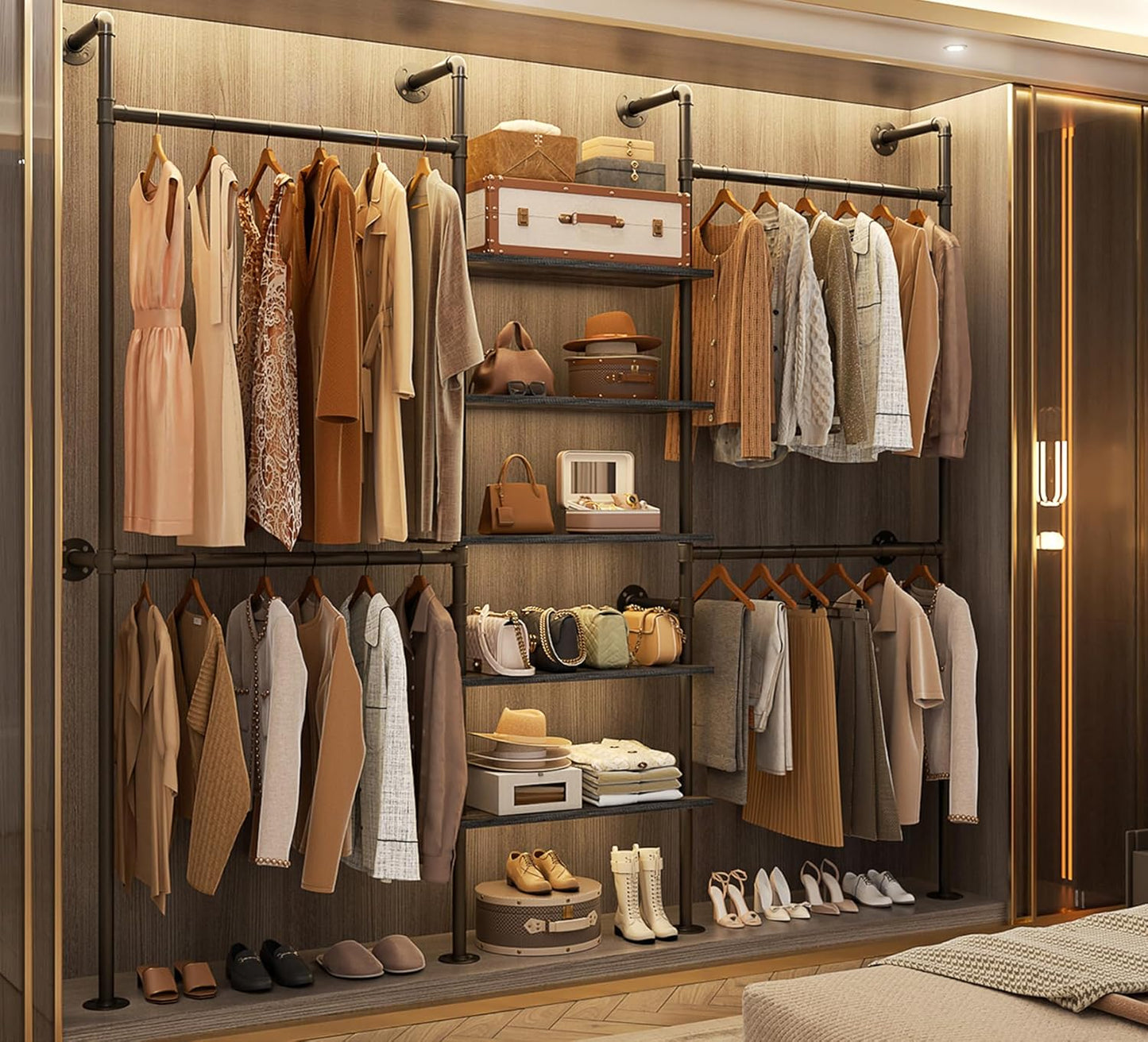 Aheaplus Industrial Pipe Clothing Rack, Reversible 6.42FT Clothes Rack for Hanging Clothes, Heavy Duty 5 Tier Wardrobe Closet Garment Racks with Shelves, Corner Closet Organizer System, Black Oak