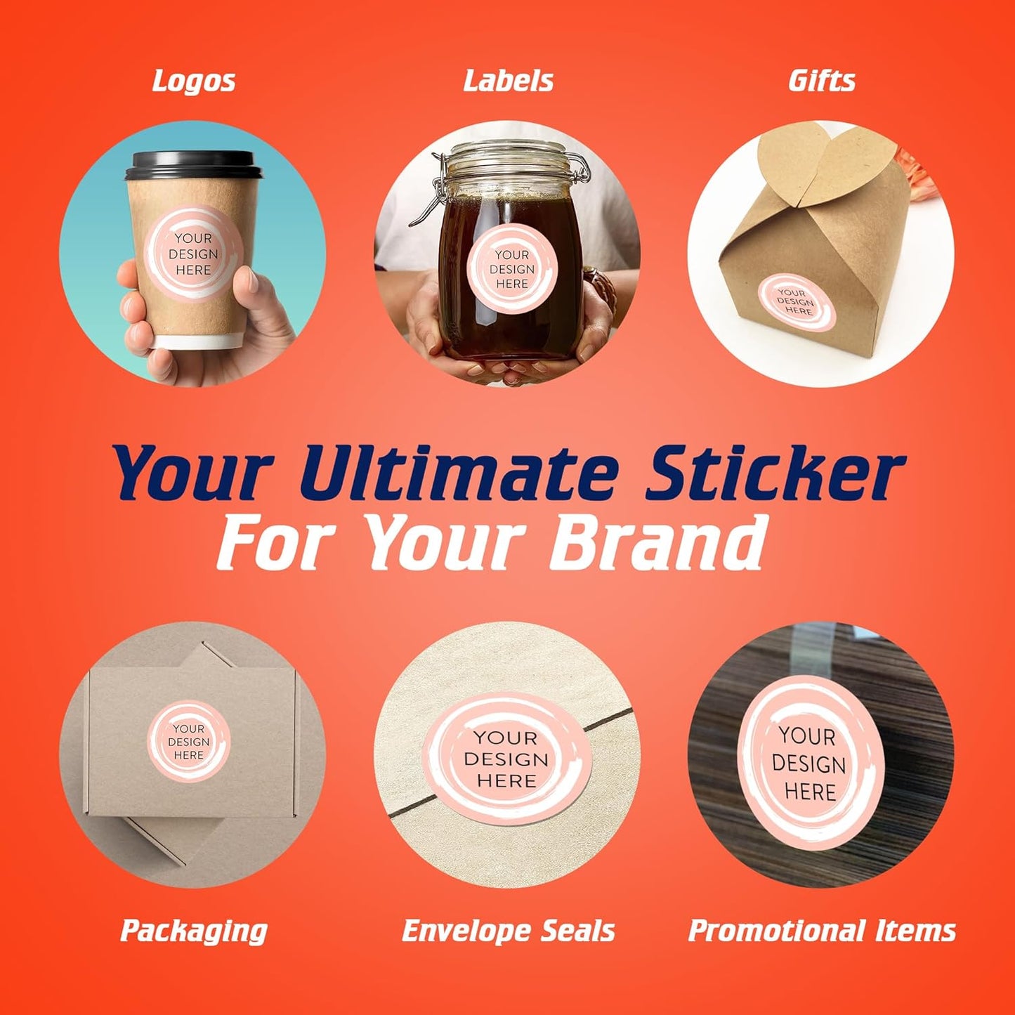 100 Custom Vinyl Stickers - Upload Your own Image, Text, Design, Logo - Personalized Logo Labels for Handmade, Packaging, Bottle, Jars, Candle, Brand Stickers (Peach, 3x3)