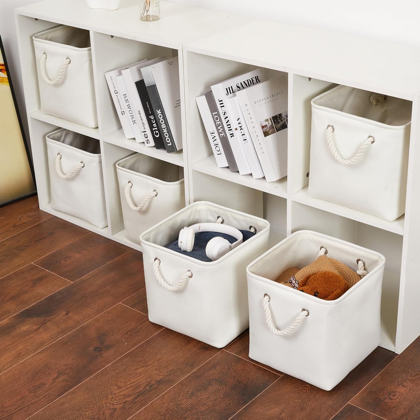 11 x 11 Inch Storage Cubes, 6 Pack Large Collapsible Fabric Storage Bin with Ropes, Foldable Storage Cubes for Home, Office,Closet, Clothes, Toys Organizer (White)