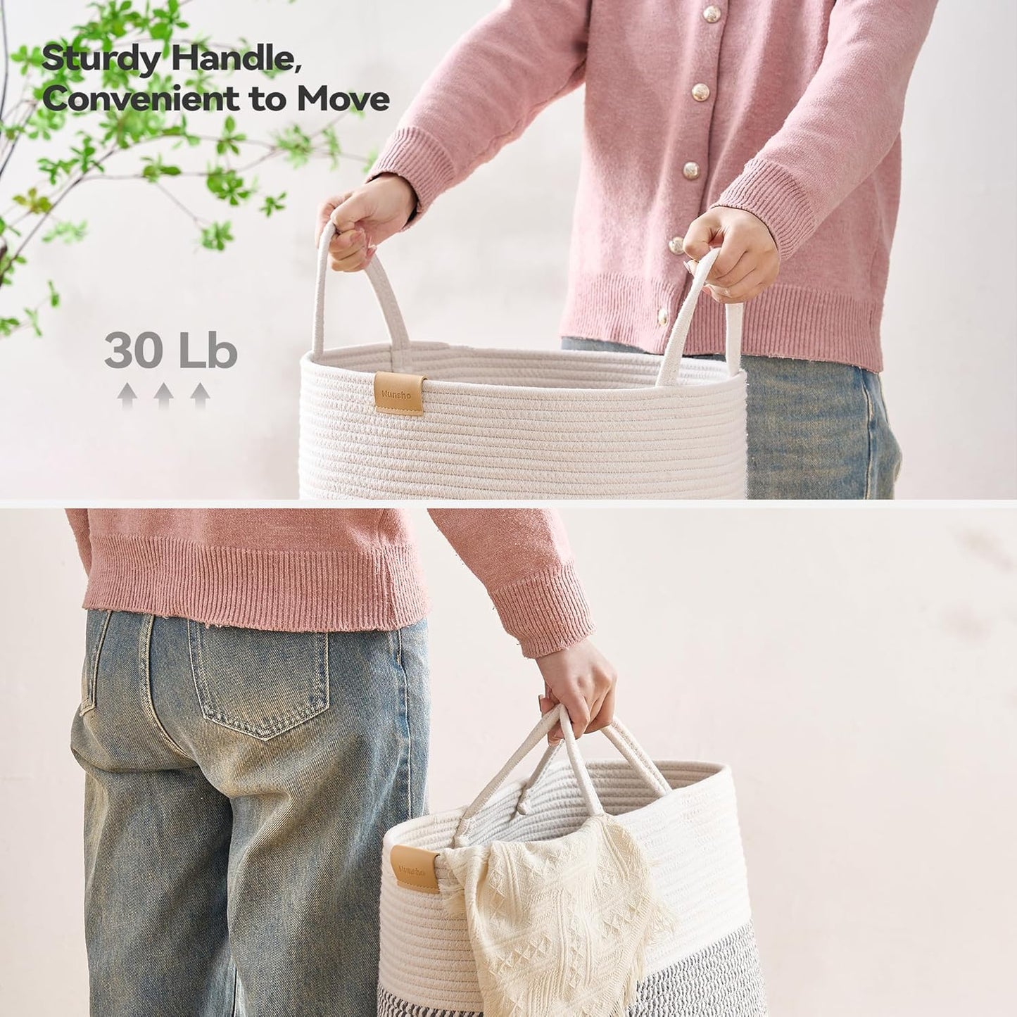 Laundry Hamper 75L,Large Laundry Basket for Clothes,Decorative Storage Basket for Blankets,Cotton Rope Woven basket for bedroom,Grey White