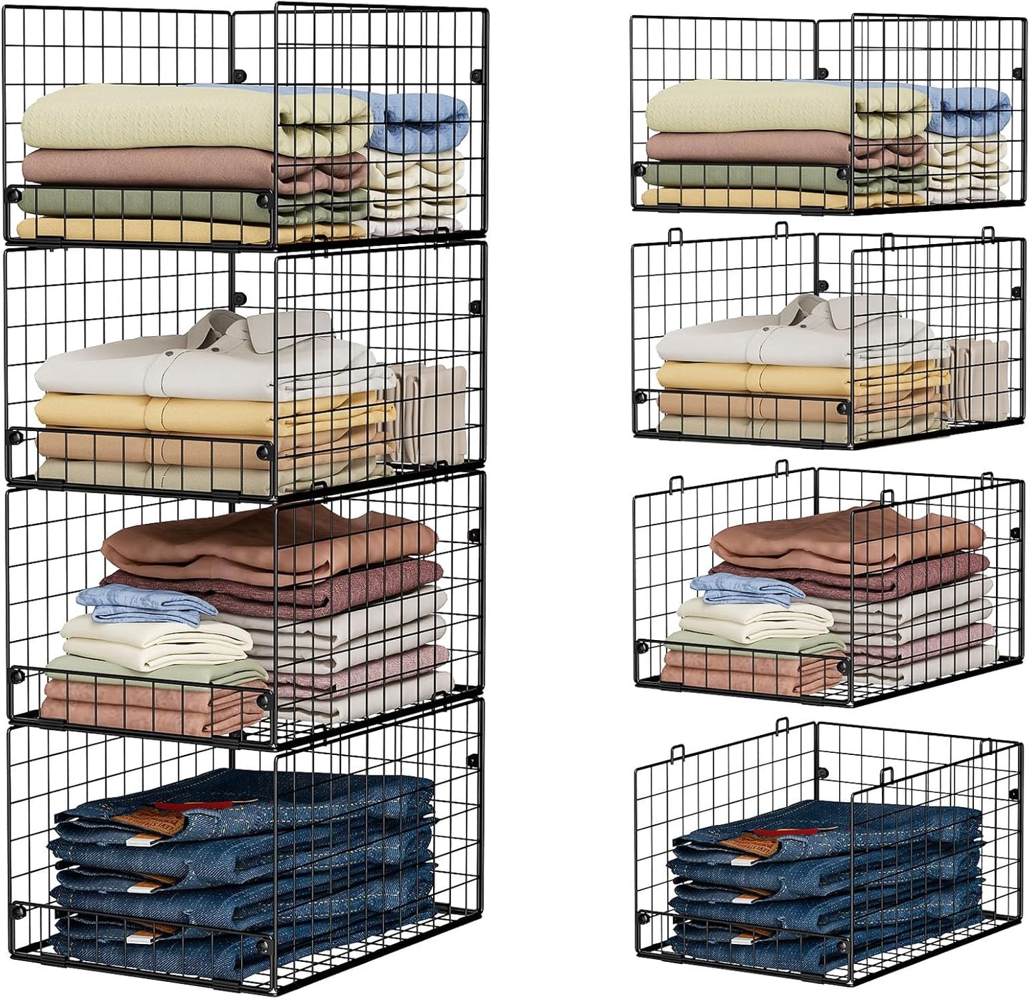 4-Tier Stackable Closet Organizers and Storage Shelves, Foldable Closet Shelf Organizer System, Stackable Storage Bins Drawers for Closet Organizer System, Black(Patent Pending)