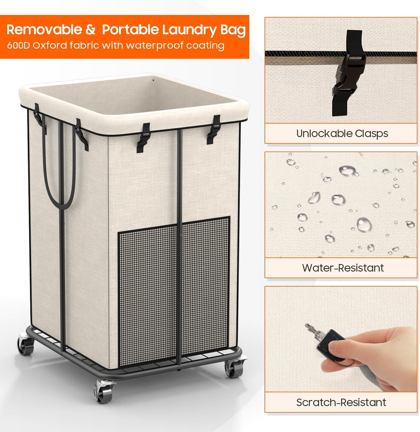 150L Laundry Hamper with Wheels, Rolling Laundry Basket with Metal Frame and Removable Bag, Large & Tall Dirty Clothes Hampers for Bedroom Aesthetic, Laundry Room, Bathroom, Dorm-White