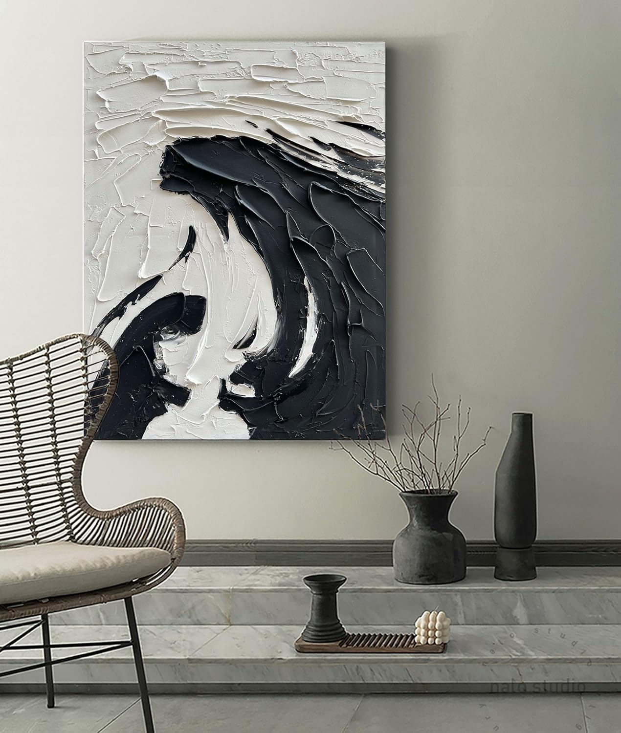 NANKAI 40x28 inch Minimalist Black and White Abstract Painting 100% Hand-Painted Modern Wall Deco Art Modern Abstract Oil Painting Art Wall Decoration
