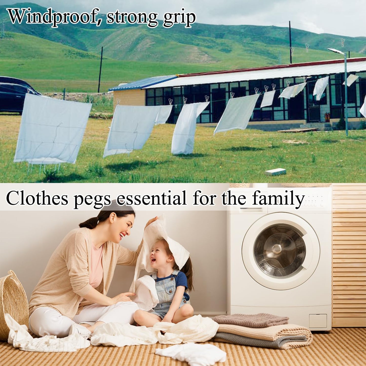 Laundry Clothes Pins Clips 50 Pack, Stainless Steel Heavy Duty Laundry Peg Metal Clip Clothespins for Hanging, Outdoor Clothesline, Snack Bags, Towel, Pictures, Office