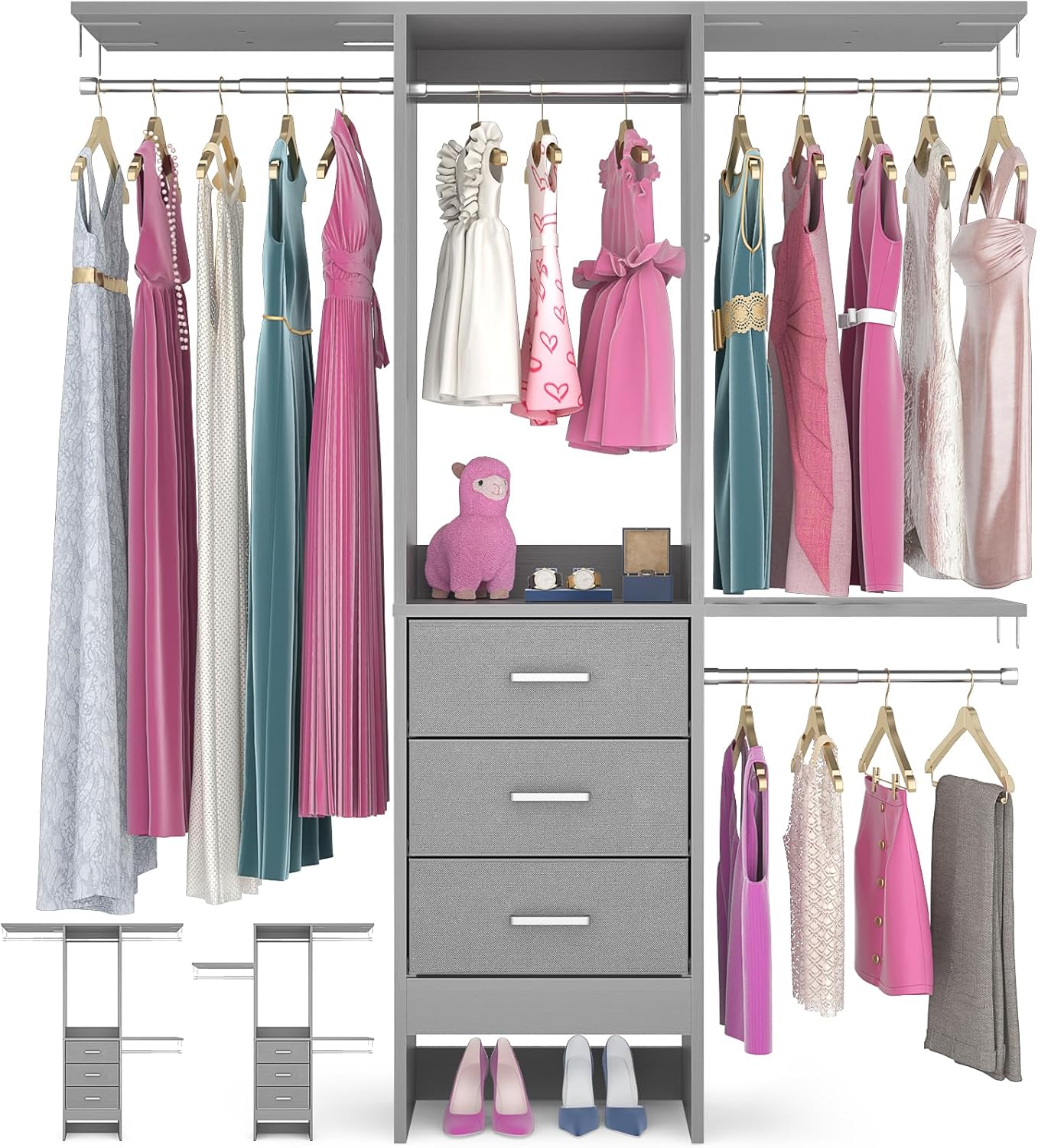 4FT Small Closet System with 3 Fabric Drawers, 48'' Closet Organizer System With 3 Adjustable Shelves, Flexible Built-In Clothes Garment Rack for Small Space, 48" L x 13" W x 71" H, Grey