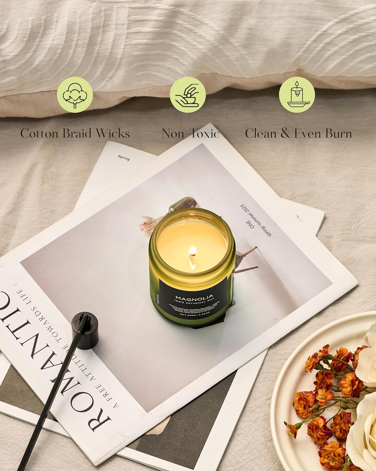 M&SENSE Magnolia Jasmine Scented Candle, 7.05oz 50 Hours Long Lasting Clean Non Toxic All Natural Soy Wax Candle for Relaxing & Stress Relief, 2 Wick Spring Fragrance Gifts for Home Decor