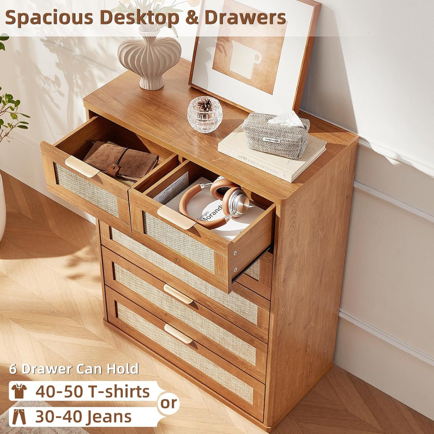 LEYAOYAO Rattan Dresser for Bedroom, 42" Tall Chest of Drawers, Modern 6 Drawers Boho Dressers with Storage, Vintage Brown Dresser Wooden Closet Organizer for Living Room, Hallway