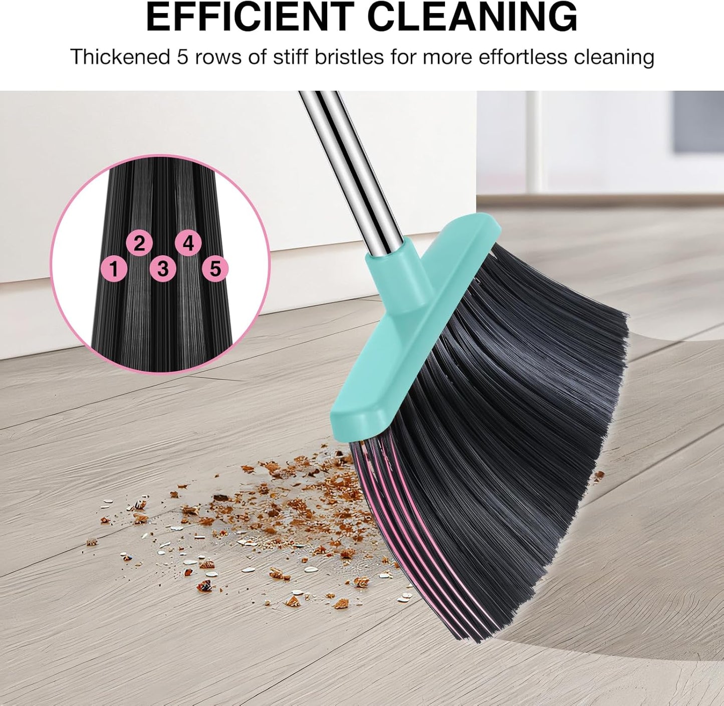 Broom and Dustpan Set, 52-in Long Adjustable Handle Broom Dustpan Combo with Dust pan Teeth to Automatically Clean Hair Suitable for Home Kitchen Office Hall Floor（Pink&Blue）
