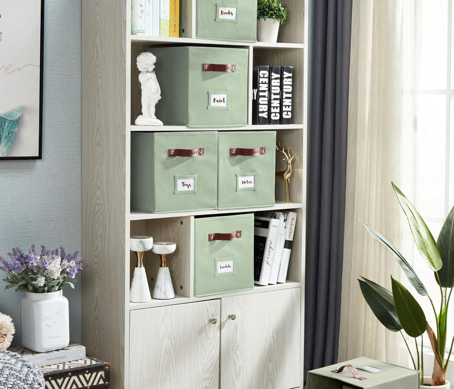 DECOMOMO Storage Cubes, 13x13x13 Storage Cube Bins with Labels, Fabric Organizer Bins (13" / 6pcs, Sage Green)