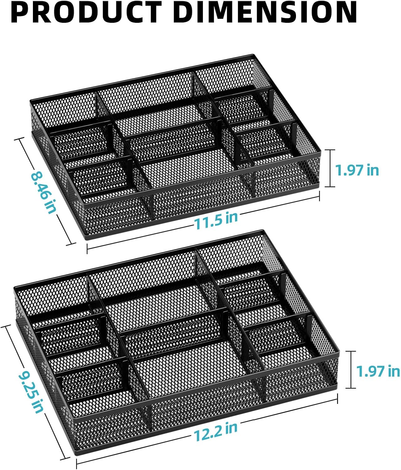 Marbrasse 2 Pack Desk Drawer Organizer, Mesh Drawer Organizer Tray with 8 Adjustable Compartments, Desk Organizers and Accessories, 5 Dividers Drawer for Office Supplies, Makeup & Vanity (Black)