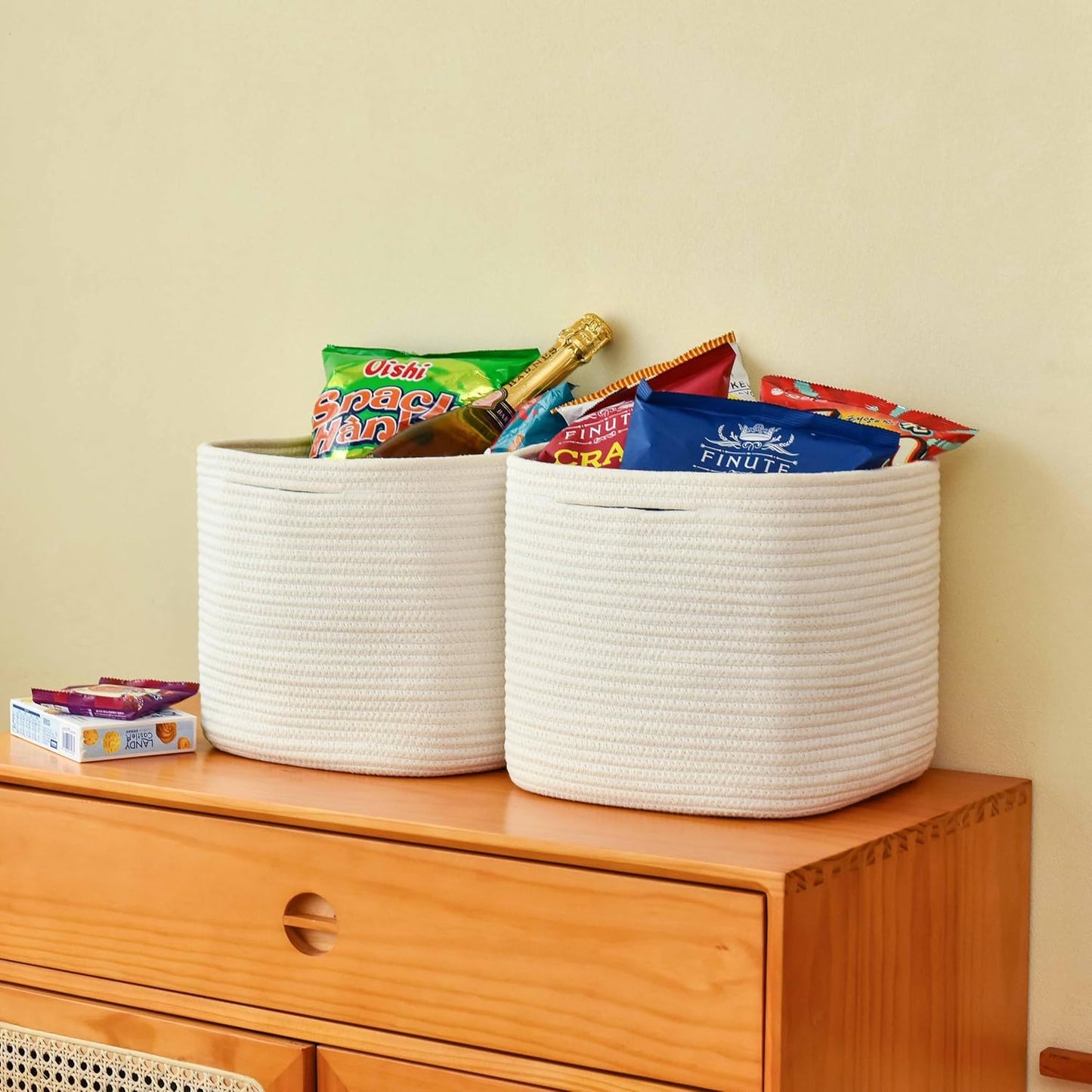 3 Pack Storage Cubes 11 Inch Cotton Rope Woven Baskets for Organizing Cube Bin Square Shelves Organizer,Classroom,Kids Toy Bins,Closet,Baby Nursery(Creamy White)