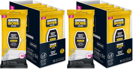 Grime Boss Heavy Duty Wipes (6 x 30ct) | Wet Wipes Used for Hands, Equipment, Tools, Garden, Automotive| Easily Removes Oil, Grease, & Dirt (Pack of 12)