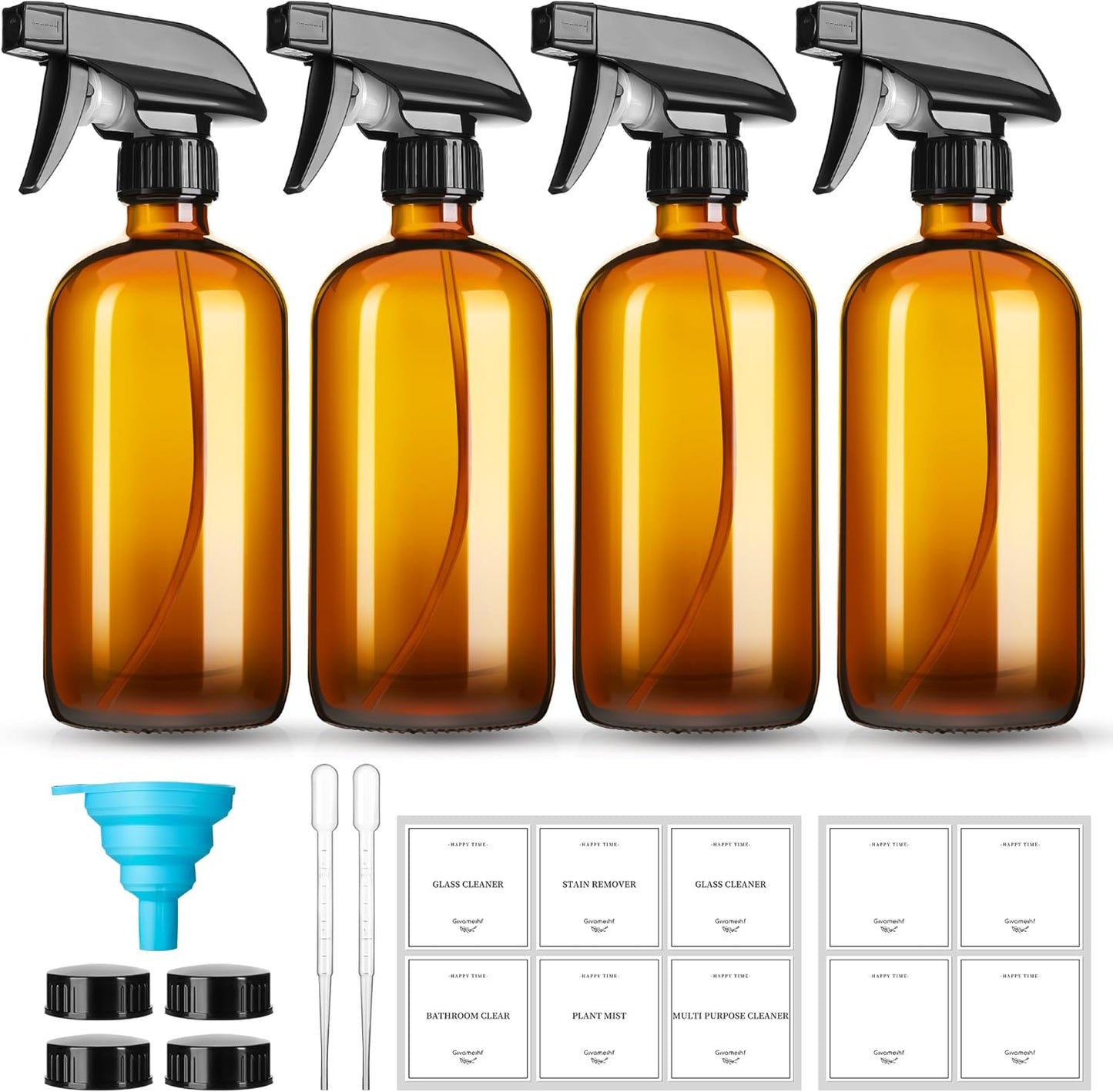 16oz Amber Glass Spray Bottles,4 Pack Glass Spray Bottles Refillable Empty Bottle with Adjustable Nozzle,Spray Bottle for Cleaning,Essential Oils,Cleaning,Pets,Plant, Hair Mister