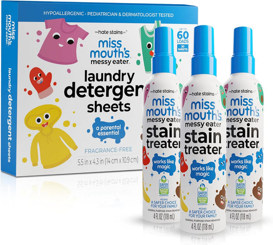 Miss Mouth’s Messy Eater Stain Treater Stain & Suds Duo Pack - 3 Pack Spray and 30 Pack Detergent Sheet bundle - Newborn & Baby Essentials - Food, Grease, Coffee Off Laundry, Underwear, Fabric