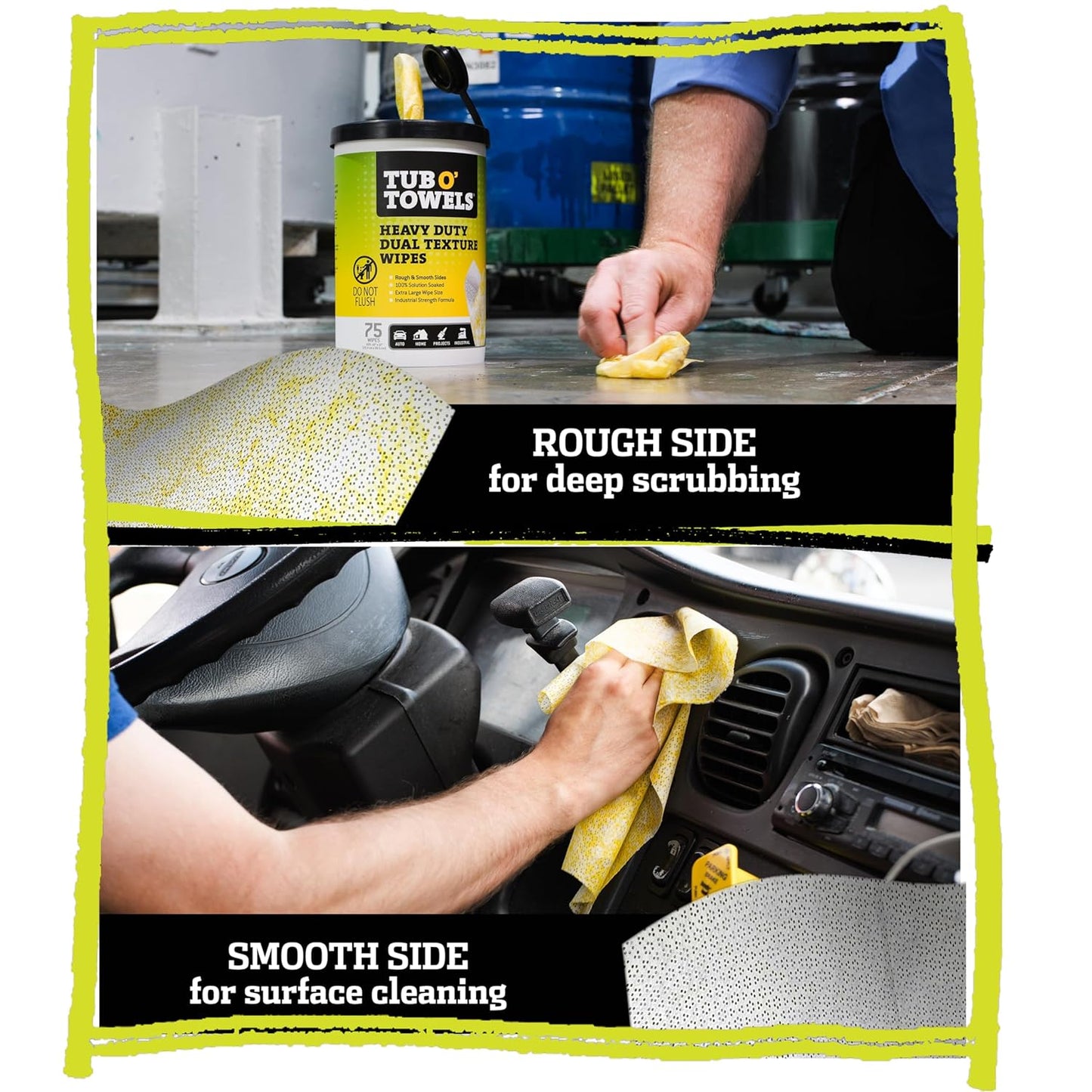 Tub O’ Towels TW75 Heavy-Duty 10" x 12" Size Multi-Surface Cleaning Wipes, Dual Texture, 75 Count Per Canister, 6 Pack