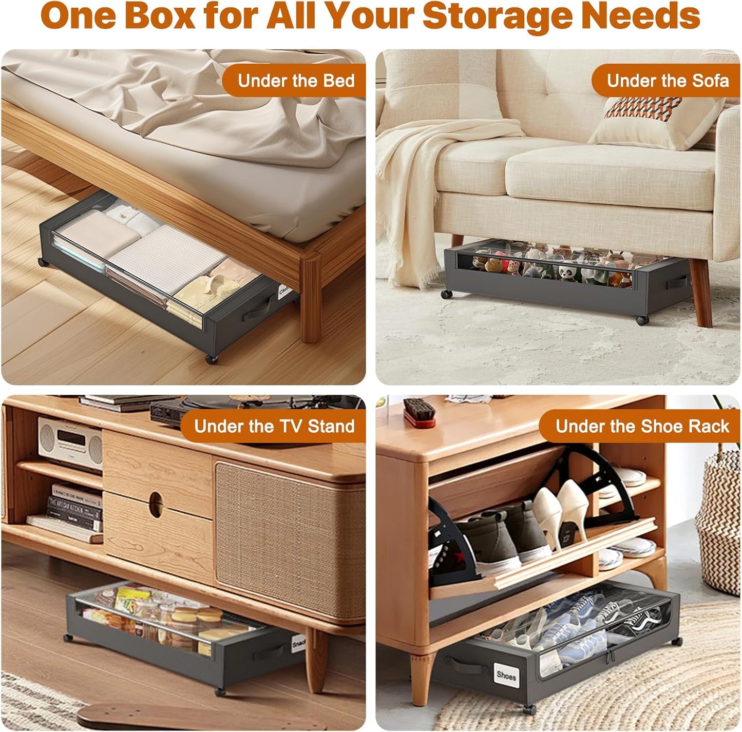 Under Bed Storage with Wheels,XXL 60L Under Bed Storage Containers with Clear Lids, Rolling Under Bed Metal Drawer for Clothes, Shoes,Toys (Black, 2 Pack)