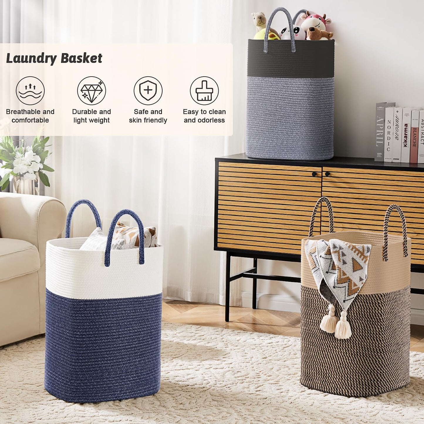 Laundry Basket,Woven Cotton Rope Laundry Hamper,Versatile Storage for Dirty Clothes,Baby Toys,and Blankets in Bathroom, Nursery,and Living Room (Blue, 100L)