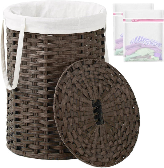 Laundry Hamper with Lid, 19.0 Gal (72 L) Round Wicker Laundry Basket, Handwoven Rattan Basket with Lid, Removable Bag, 2 Mesh Bags, Handles for Living Room, Bathroom, Brown