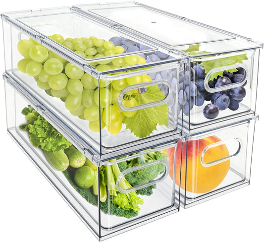 MineSign 4Pack Stackable Fridge Drawers Pull-out Storage Bins with Handle Clear Food Container for Refrigerator Plastic Dresser Organizer Fruit&Veggie Keeper for Freezer Cabinet Kitchen Organization