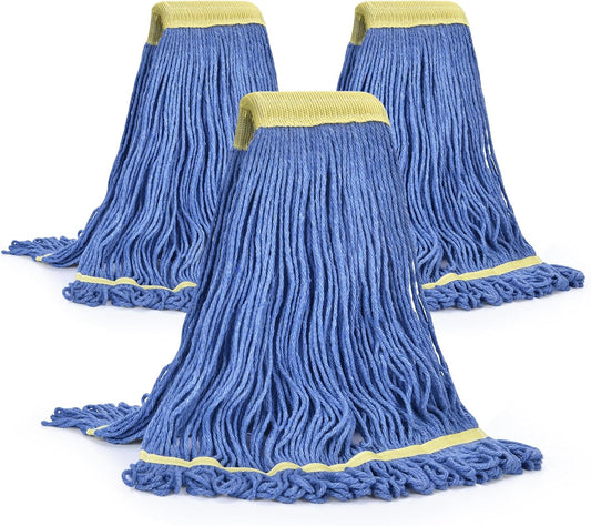 Matthew Cleaning Commercial Mop Head Replacement, 5 Inch Wide Headband, Looped End Cotton Blend String Wet Mops for Floor Cleaning, 24 oz Large, 3-Pack Blue