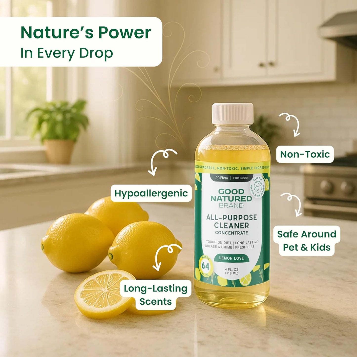 Good Natured Brand All-Purpose Cleaner Concentrate + 16 oz Bottle | Multi-Surface Cleaner | Natural Lemon Essential Oil | Multipurpose Cleaner All Surfaces | Lemon Love | 4oz makes 64oz