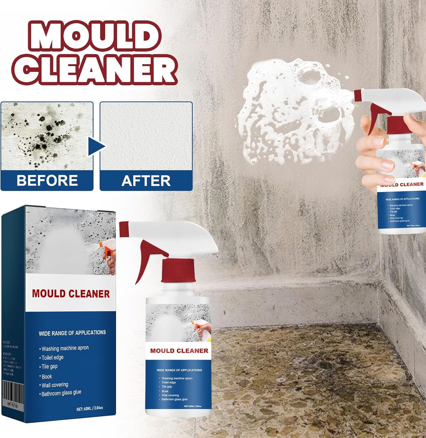 Mould Cleaner Spray Powerful Foam Cleaning Spray | Multi-Surface Fast-Acting Stain Remover for Kitchen, Bathroom, Wall and Tile Cleaning, No Scrubbing Required (2, 2.04oz*2)