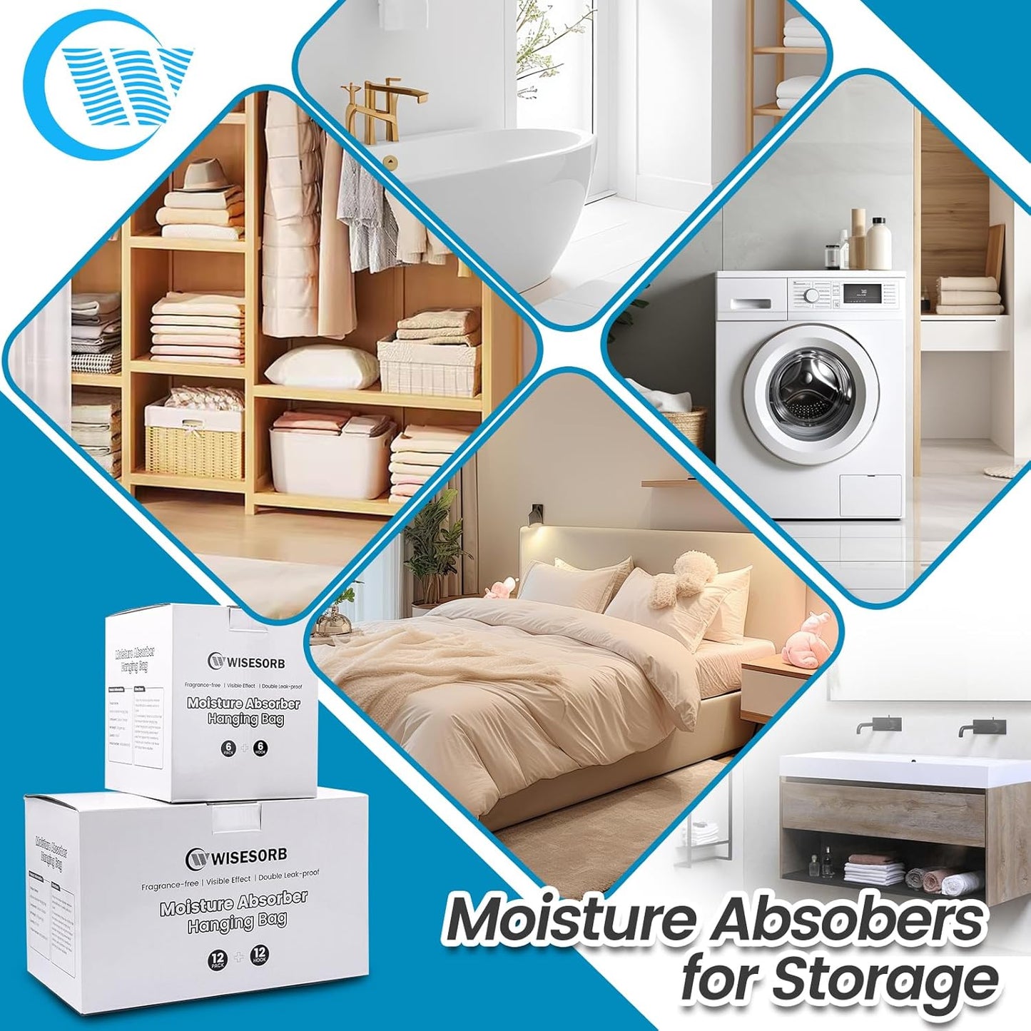 Moisture Absorber Hanging Bags 6 Pack - 7 oz Fragrance-Free Dehumidifier for Closet, Bathroom, Bedroom – Double Leak-Proof Design & Dual-Sided Absorption