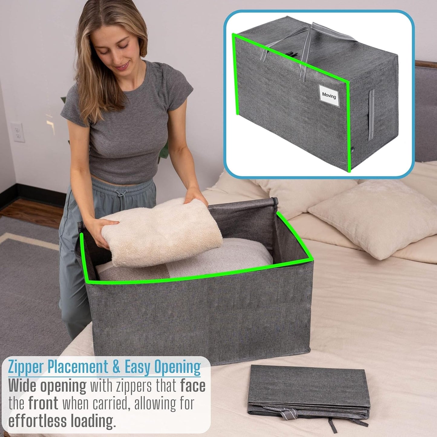 VENO 4 Pack Moving and Storage Bags, Heavy Duty, Alternative to Moving Boxes, Large Packing Totes Supplies for College Dorm Room with Zipper for Clothes, Wide Open Design (Dark Gray, 4 Pack)