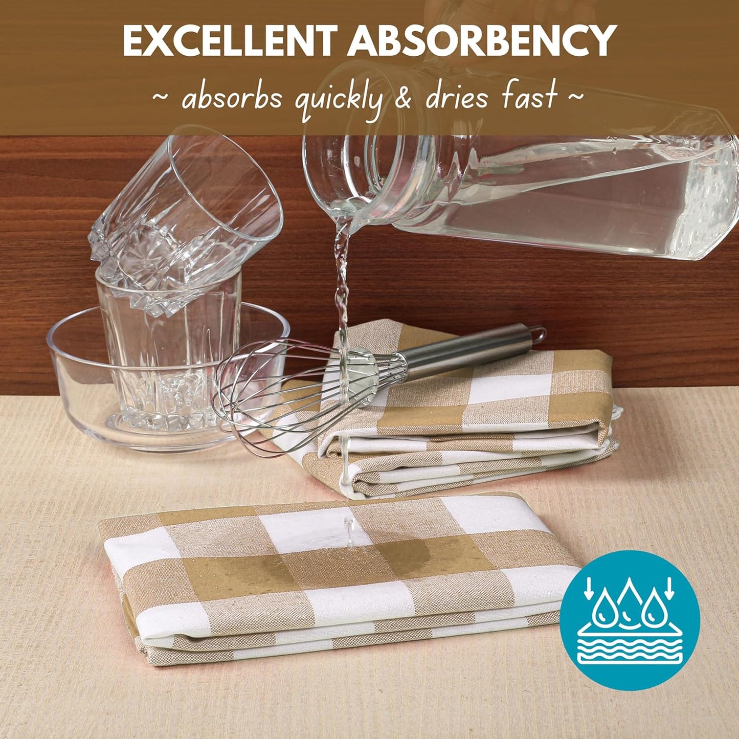 Native Fab 6 Pack Buffalo Check Kitchen Towels16 x26 - Cotton Dish Towels Washable - Absorbent Tea Towels, Soft Hand Towel with Hanging Loop, Dish Cloth Set - Beige White