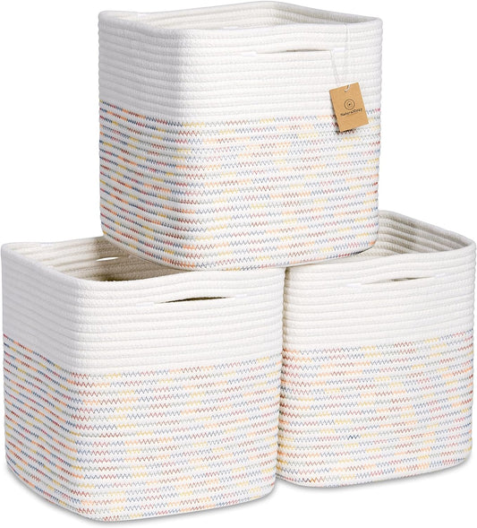 NaturalCozy Storage Cubes 11 Inch Cotton Rope Woven Baskets for Organizing, 3-Pack | Cube Storage Bin | Square Storage Baskets for Shelves Organizer, Classroom, Kids Toy Bins, Closet, Baby Nursery