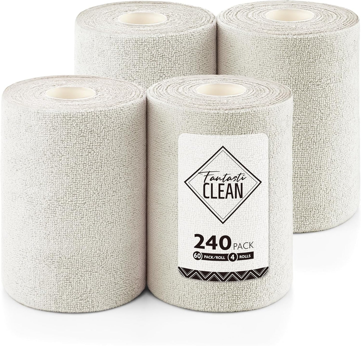 Fantasticlean Microfiber Cleaning Cloth Roll 4 Rolls 240 Pack, Tear Away Paperless Towels, 8" x 8", Reusable Washable Rags, Home Kitchen, Pet, Office, Indoor Outdoor, Compact and Portable (Off-White)