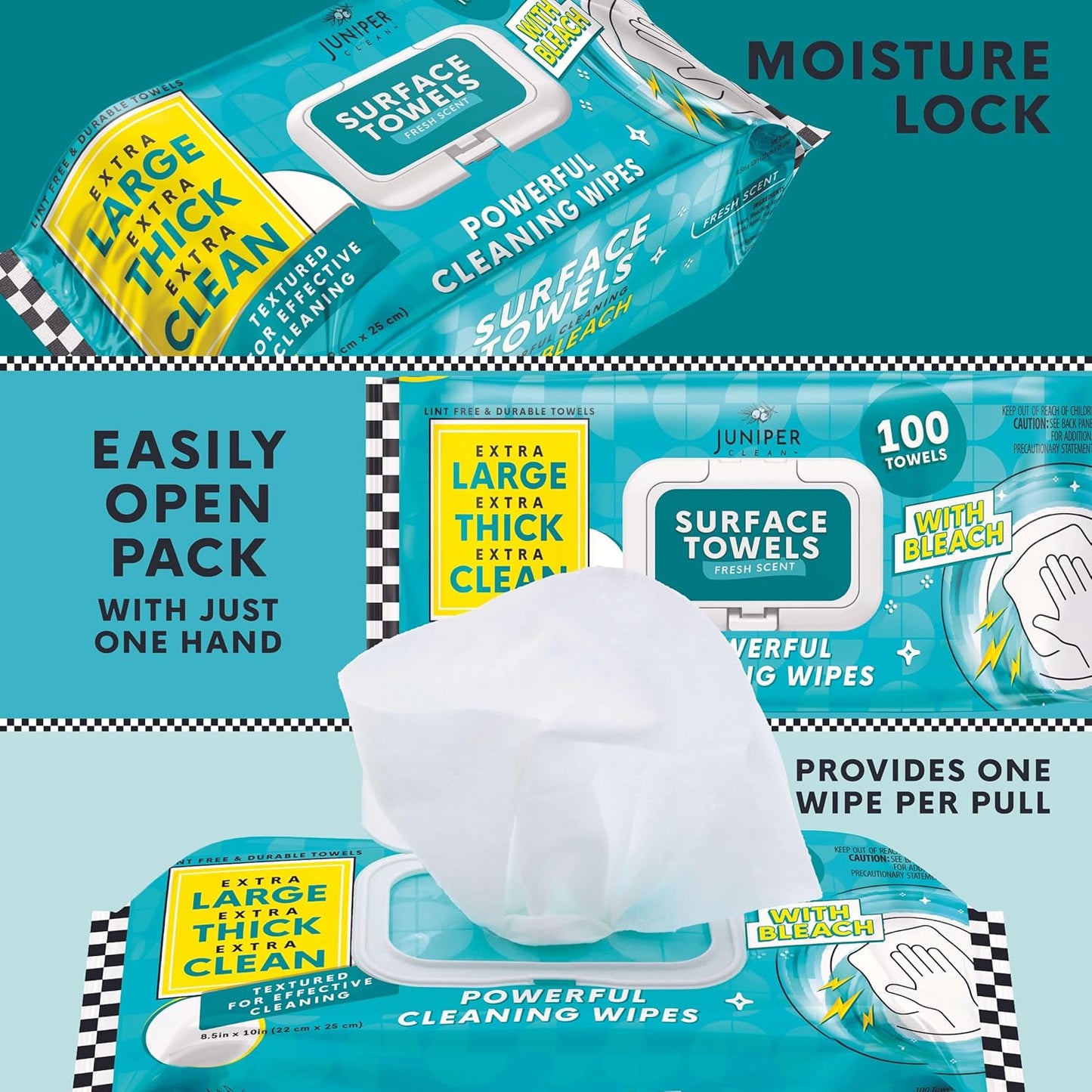 3 Packs Surface Wipes with Bleach, Thick & Large Dispose, All-Purpose Cleaner for Bathroom, Kitchen, Office, 300 Count Soft Flow, Biodegradable, Fresh Scent