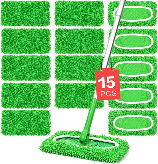 15Pcs Reusable Microfiber Mop Pads Compatible with Sweeper Mop, Replacement Wet Mopping pad Refills & Washable Dry Sweeping Cloths for Surface/Hardwood Floor Cleaning