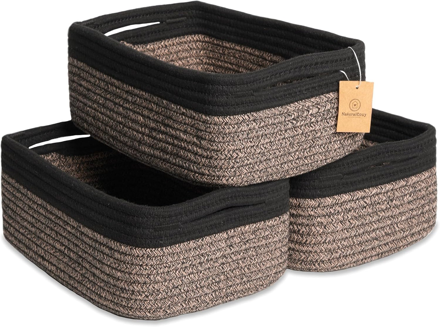 NaturalCozy 11.8"x8"x4.5” Rectangle Storage Baskets for Shelves 3 Pack | Cotton Rope Woven Small Baskets for Organizing | Small Storage Bins for Nursery, Bathroom, Closet, Shelf, Decorative, Gift