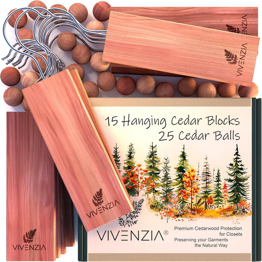 Cedar Blocks for Clothes Storage -40 pcs (15 Hang-ups & 25 Balls)- Cedar Balls for Clothes Storage, Natural Closet Smell Eliminator, Natural Closet Deodorizer, Drawer Fresheners for Dresser.
