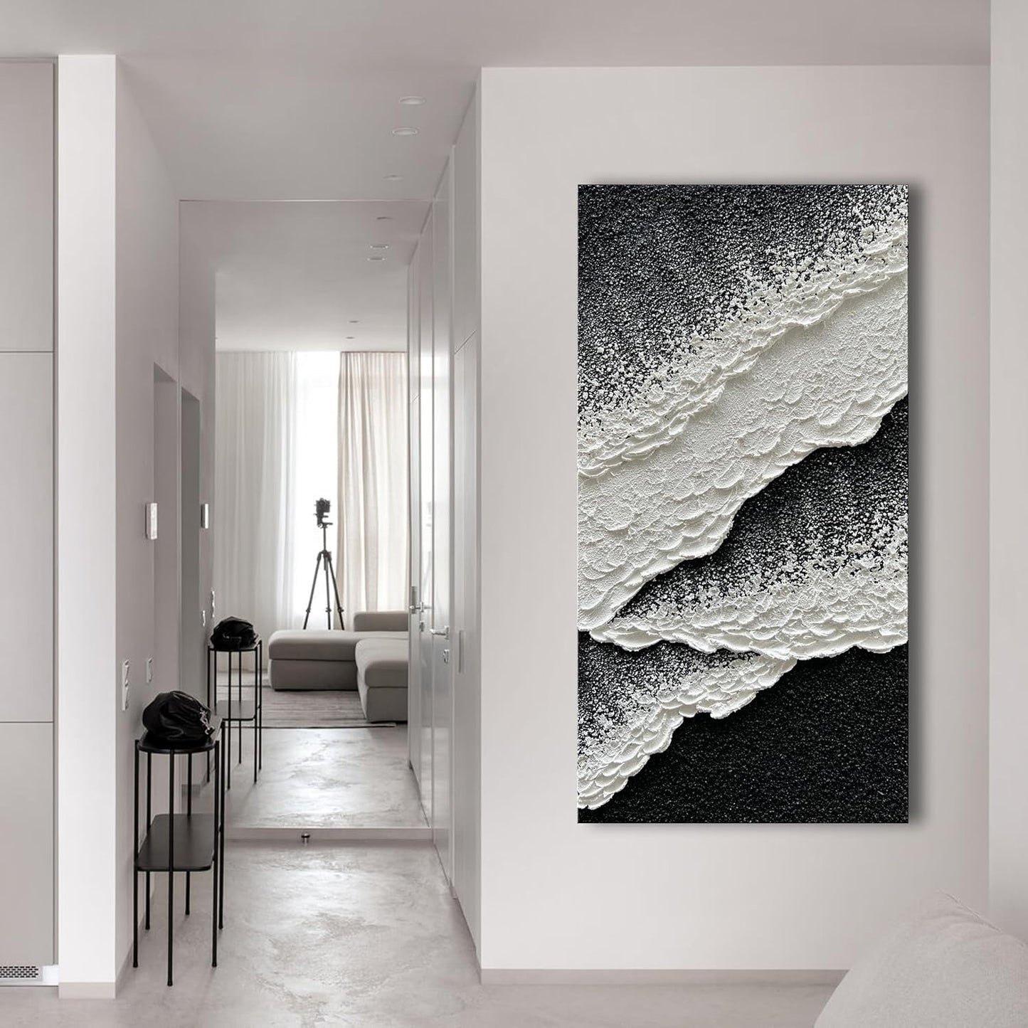 NANKAI Hand Painted black and white abstract canvas art oil painting waves landscape home wall decoration painting 24x48 inches