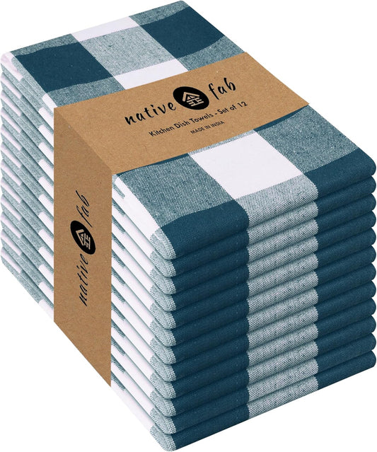 Native Fab 12-Pack Kitchen Towel with Hanging Loop 16x26 inches, Cotton Buffalo Check Kitchen Towels for Cleaning Drying, Washcloths Soft & Absorbent Cloth Rags, Bar Towel, Dish Cloth, Teal Green