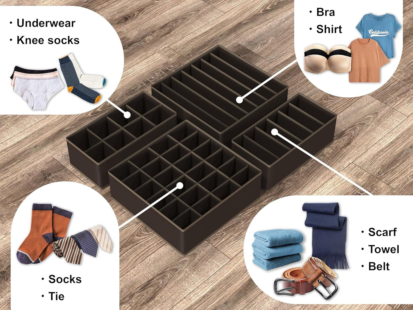 Simple Houseware 4-Pack Drawer Organizer Set - Closet Dividers for Underwear, Socks, Bras, Scarves, Ties - Foldable Non-Woven Storage Boxes, Brown