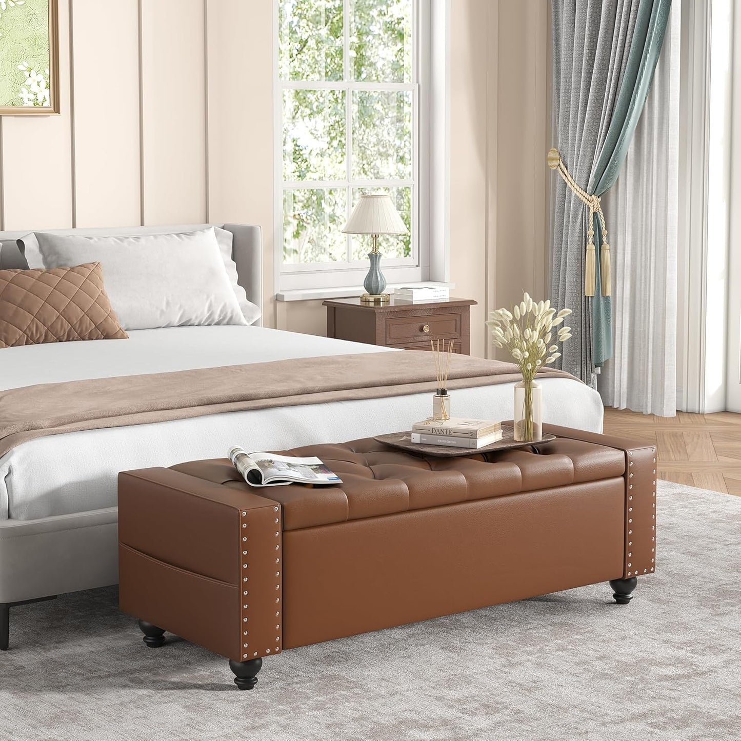 Maupvit Storage Ottoman Bench, 49 Inch Bedroom Bench, Upholstered Ottoman with Storage, Entryway Bench with Tufted Button, Faux Leather Window Bench for Bedroom, Living Room, Entryway, Hallway, Brown