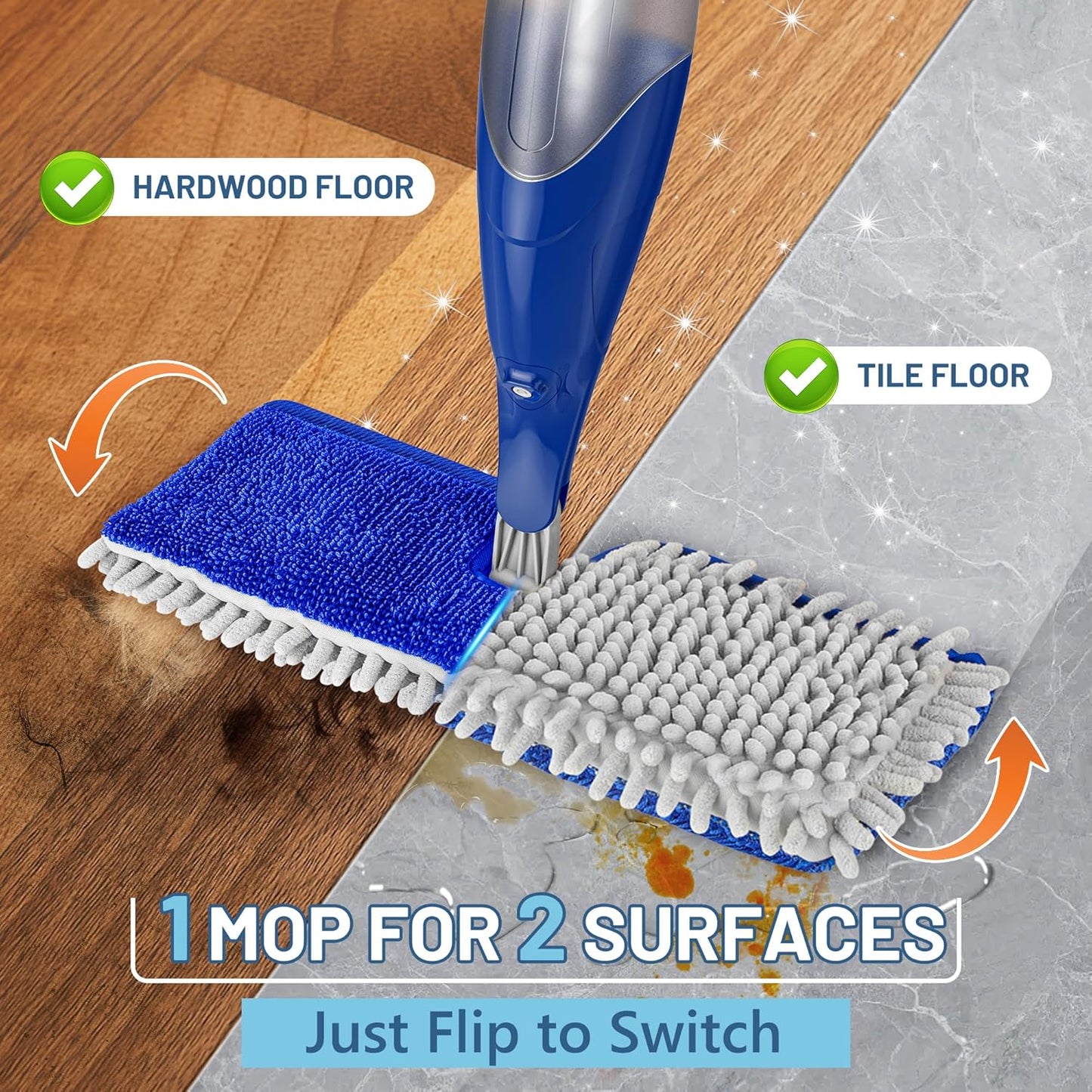 Papclean Spray Mops for Floor Cleaning: Double Sided Dust Mop for Hardwood Wood Tile Floor with Reusable Microfiber Pads - Wet Dry Kitchen Bathroom Cleaning