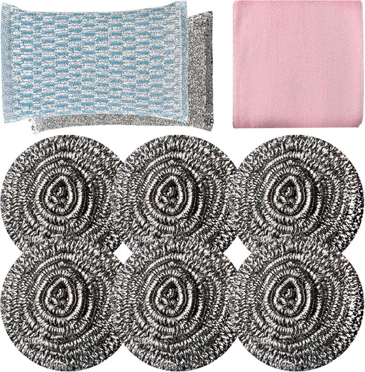 6pcs Stainless Steel Scrubber 2pcs Heavy Duty Scrub Sponges 1pcs Dish Clean Towel for Kitchens Bathroom and More